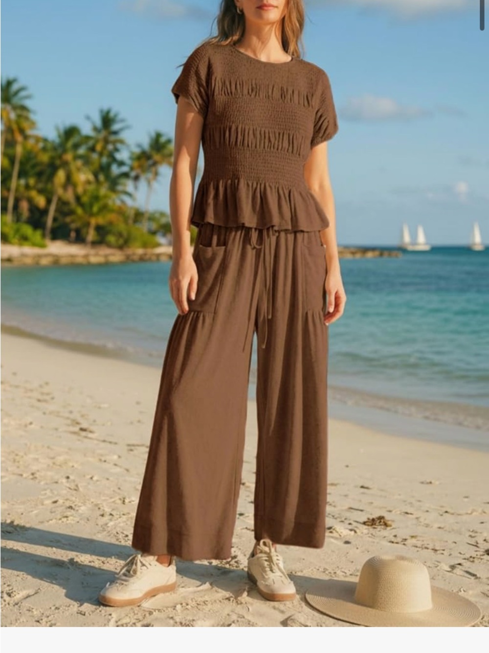 Boutique Wide-Leg Brown Smocked two piece set